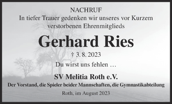 Traueranzeige von Gerhard Ries von Gelnhäuser Neue Zeitung