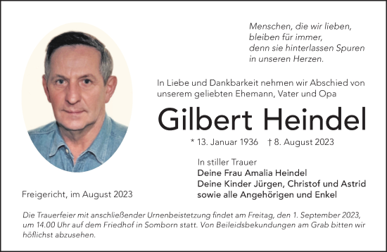 Traueranzeige von Gilbert Heindel von Gelnhäuser Neue Zeitung