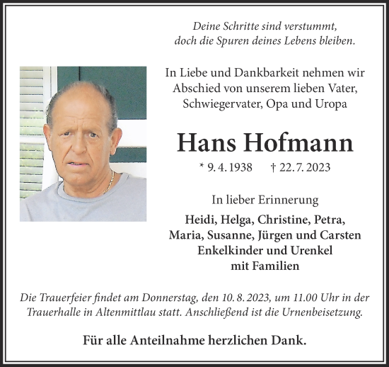 Traueranzeige von Hans Hofmann von Gelnhäuser Neue Zeitung