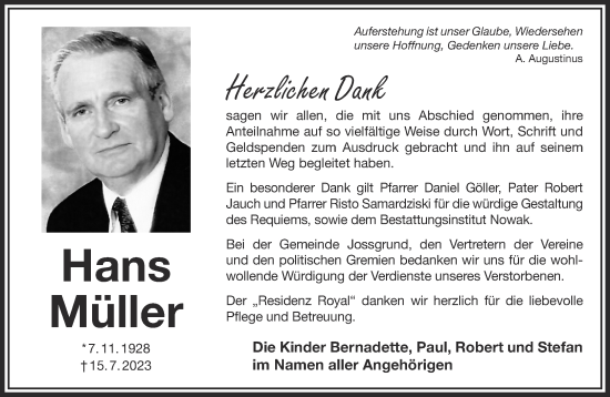 Traueranzeige von Hans Müller von Gelnhäuser Neue Zeitung