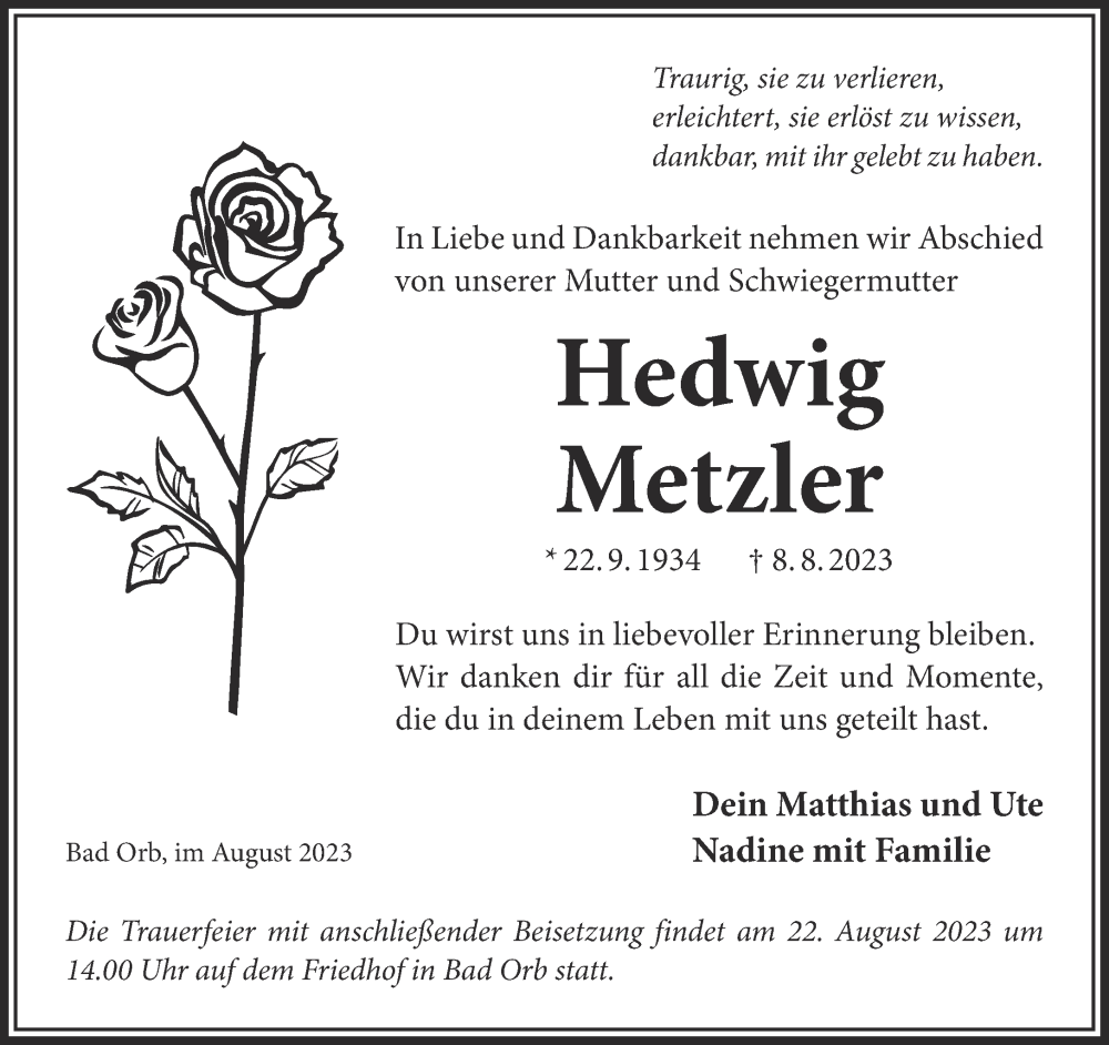  Traueranzeige für Hedwig Metzler vom 19.08.2023 aus Mittelhessen-Bote