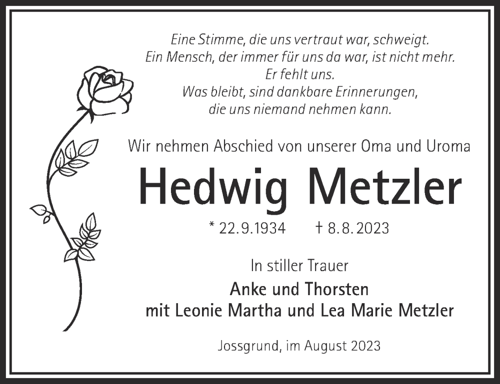  Traueranzeige für Hedwig Metzler vom 12.08.2023 aus Gelnhäuser Neue Zeitung