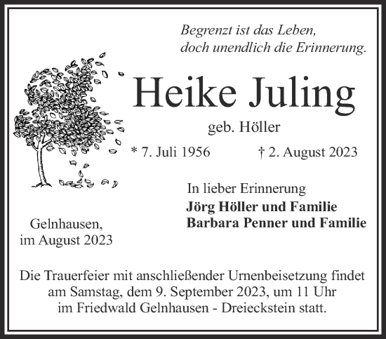 Traueranzeige von Heike Juling von Gelnhäuser Neue Zeitung