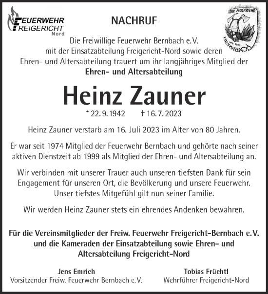 Traueranzeige von Heinz Zauner von Mittelhessen-Bote