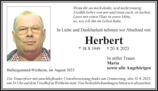 Traueranzeige von Herbert  von Gelnhäuser Neue Zeitung