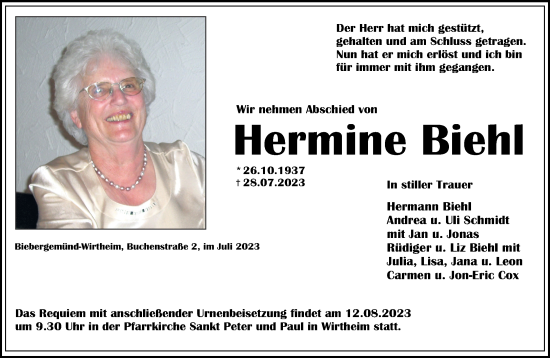 Traueranzeige von Hermine Biehl von Gelnhäuser Neue Zeitung