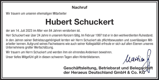 Traueranzeige von Hubert Schuckert von Gelnhäuser Neue Zeitung