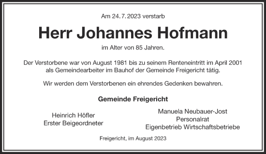 Traueranzeige von Johannes Hofmann von Gelnhäuser Neue Zeitung