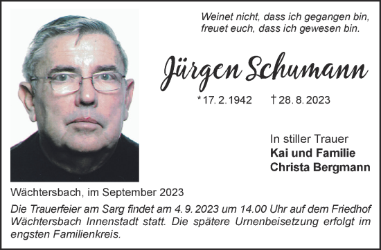 Traueranzeige von Jürgen Schumann von Gelnhäuser Neue Zeitung