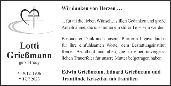 Traueranzeige von Lotti Grießmann von Gelnhäuser Neue Zeitung