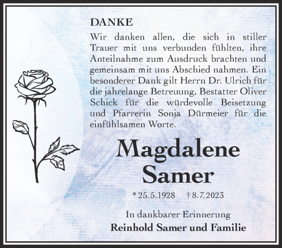 Traueranzeige von Magdalene Samer von Gelnhäuser Neue Zeitung