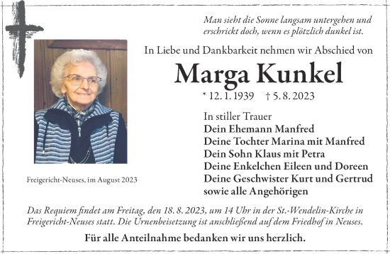 Traueranzeige von Marga Kunkel von Gelnhäuser Neue Zeitung