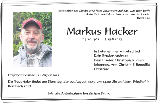 Traueranzeige von Markus Hacker von Gelnhäuser Neue Zeitung