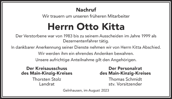 Traueranzeige von Otto Kitta von Mittelhessen-Bote