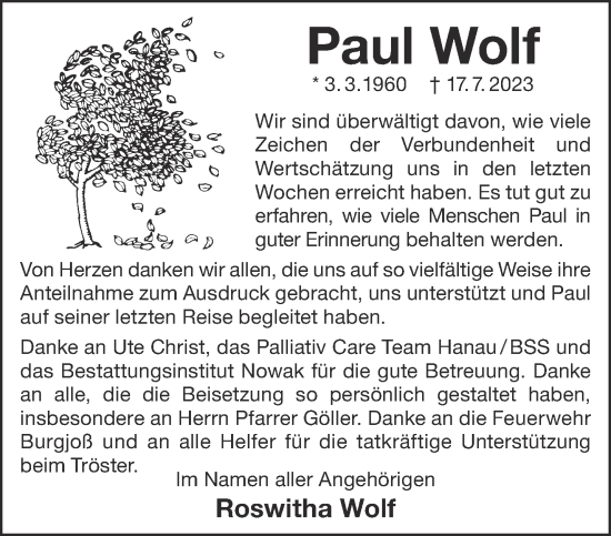 Traueranzeige von Paul Wolf von Gelnhäuser Neue Zeitung