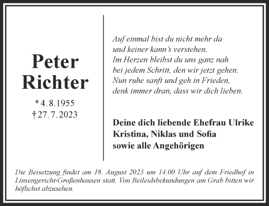 Traueranzeige von Peter Richter von Gelnhäuser Neue Zeitung