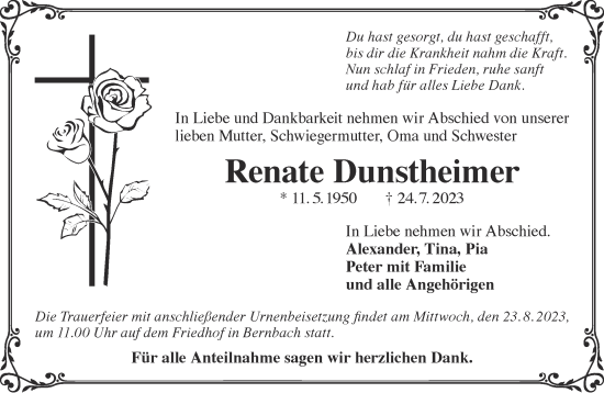 Traueranzeige von Renate Dunstheimer von Gelnhäuser Neue Zeitung