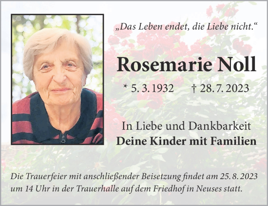 Traueranzeige von Rosemarie Noll von Gelnhäuser Neue Zeitung