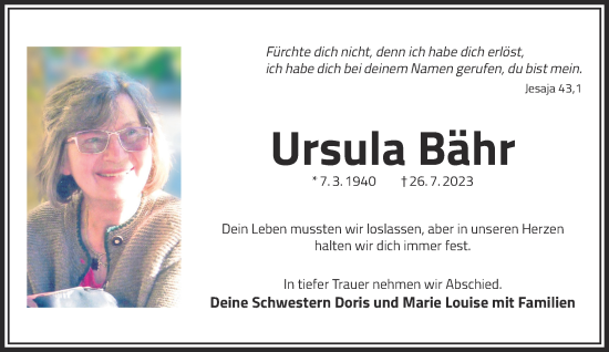 Traueranzeige von Ursula Bähr von Mittelhessen-Bote