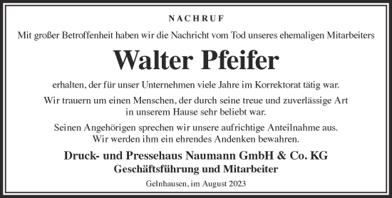 Traueranzeige von Walter Pfeifer von Gelnhäuser Neue Zeitung