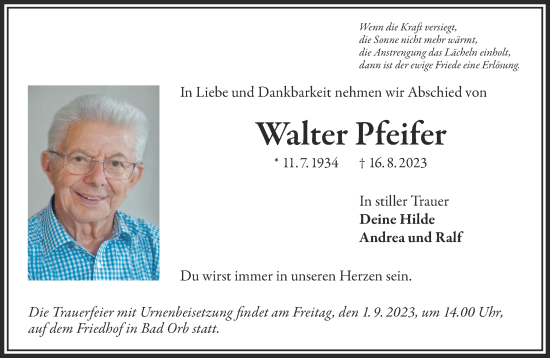 Traueranzeige von Walter Pfeifer von Gelnhäuser Neue Zeitung