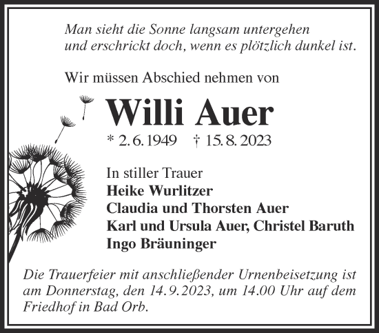 Traueranzeige von Willi Auer von Gelnhäuser Neue Zeitung