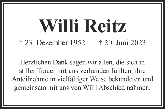 Traueranzeige von Willi Reitz von Gelnhäuser Neue Zeitung