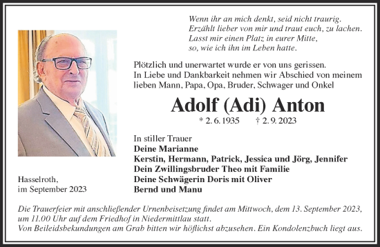 Traueranzeige von Adolf Anton von Gelnhäuser Neue Zeitung