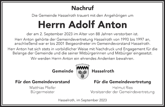 Traueranzeige von Adolf Anton von Gelnhäuser Neue Zeitung