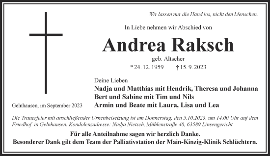 Traueranzeige von Andrea Raksch von Gelnhäuser Neue Zeitung