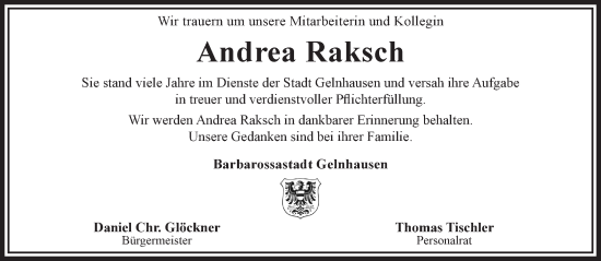 Traueranzeige von Andrea Raksch von Gelnhäuser Neue Zeitung