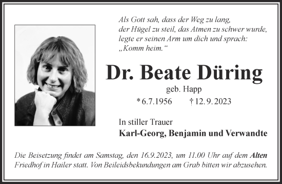 Traueranzeige von Beate Düring von Gelnhäuser Neue Zeitung