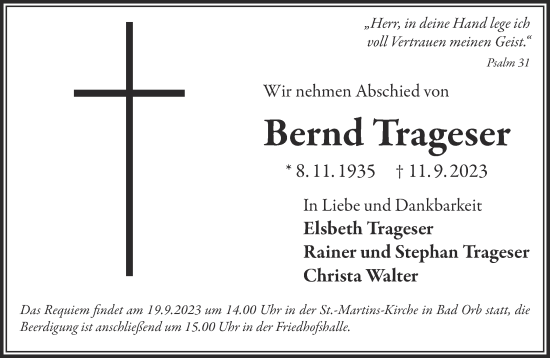 Traueranzeige von Bernd Trageser von Gelnhäuser Neue Zeitung