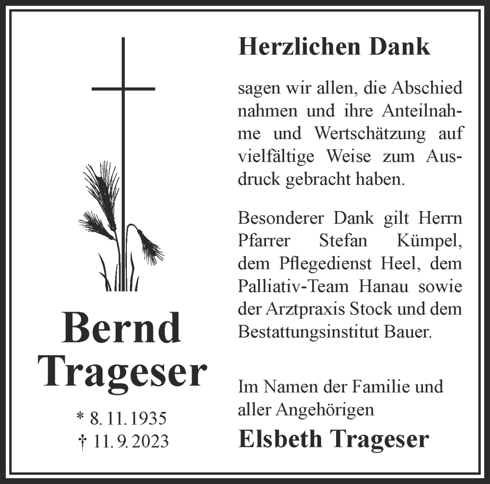  Traueranzeige für Bernd Trageser vom 30.09.2023 aus Gelnhäuser Neue Zeitung