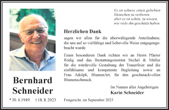 Traueranzeige von Bernhard Schneider von Gelnhäuser Neue Zeitung