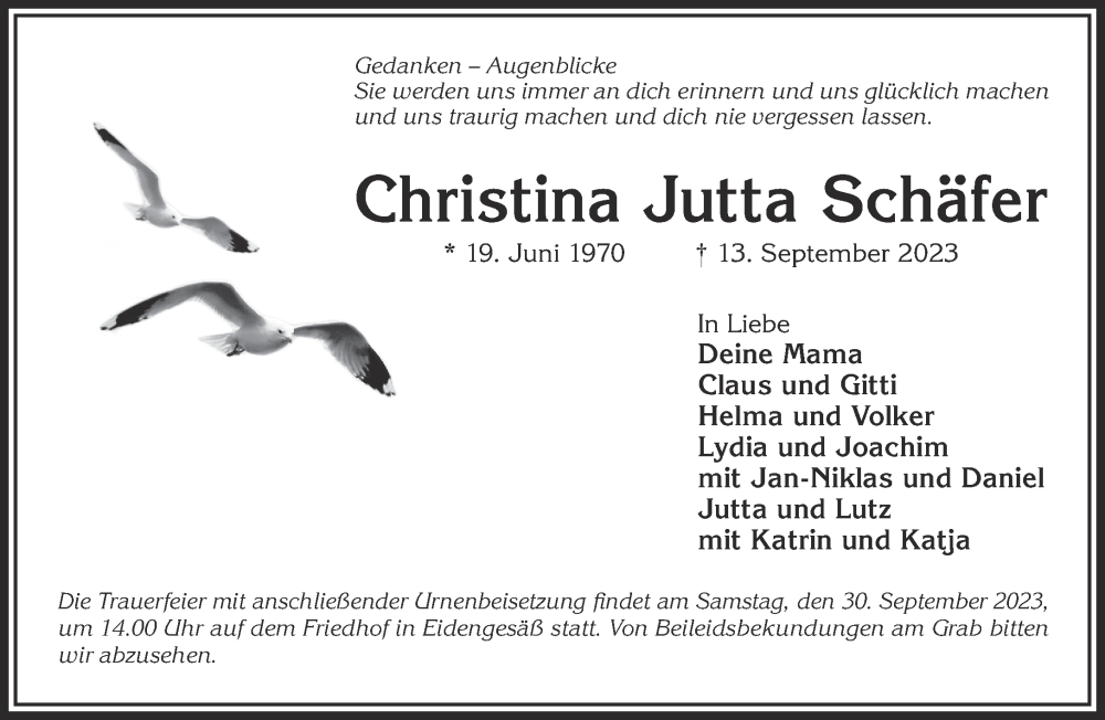  Traueranzeige für Christina Jutta Schäfer vom 23.09.2023 aus Gelnhäuser Neue Zeitung