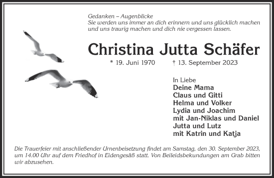 Traueranzeige von Christina Jutta Schäfer von Gelnhäuser Neue Zeitung