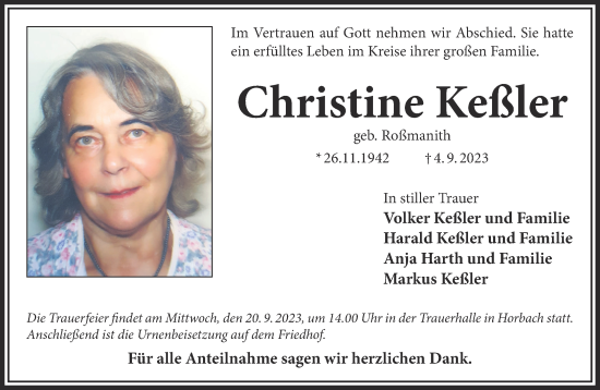 Traueranzeige von Christine Keßler von Gelnhäuser Neue Zeitung