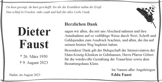 Traueranzeige von Dieter Faust von Gelnhäuser Neue Zeitung