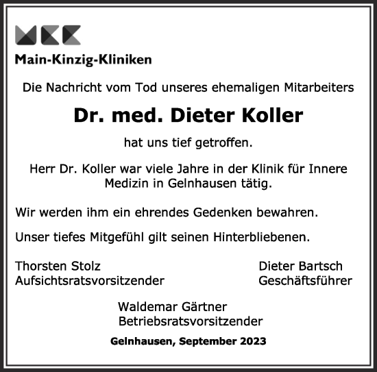 Traueranzeige von Dieter Koller von Gelnhäuser Neue Zeitung