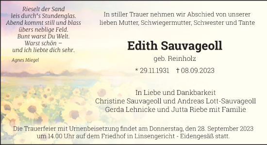 Traueranzeige von Edith Sauvageoll von Gelnhäuser Neue Zeitung