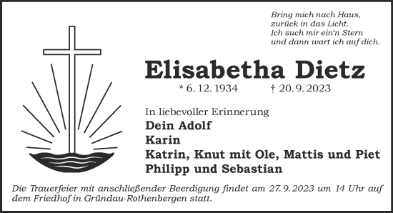 Traueranzeige von Elisabetha Dietz von Gelnhäuser Neue Zeitung