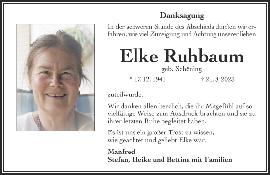 Traueranzeige von Elke Ruhbaum von Gelnhäuser Neue Zeitung