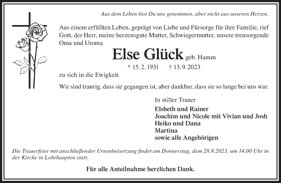 Traueranzeige von Else Glück von Gelnhäuser Neue Zeitung