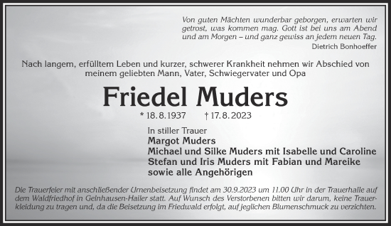 Traueranzeige von Friedel Muders von Gelnhäuser Neue Zeitung