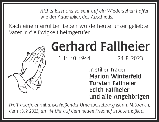 Traueranzeige von Gerhard Fallheier von Gelnhäuser Neue Zeitung