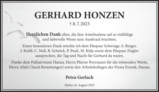 Traueranzeige von Gerhard Honzen von Gelnhäuser Neue Zeitung