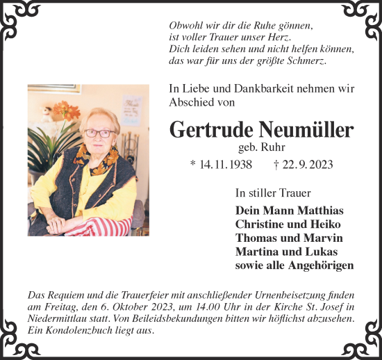 Traueranzeige von Gertrude Neumüller von Mittelhessen-Bote
