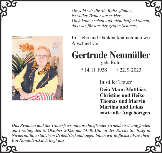 Traueranzeige von Gertrude Neumüller von Gelnhäuser Neue Zeitung