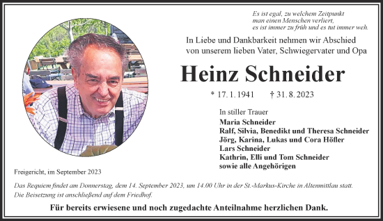 Traueranzeige von Heinz Schneider von Gelnhäuser Neue Zeitung